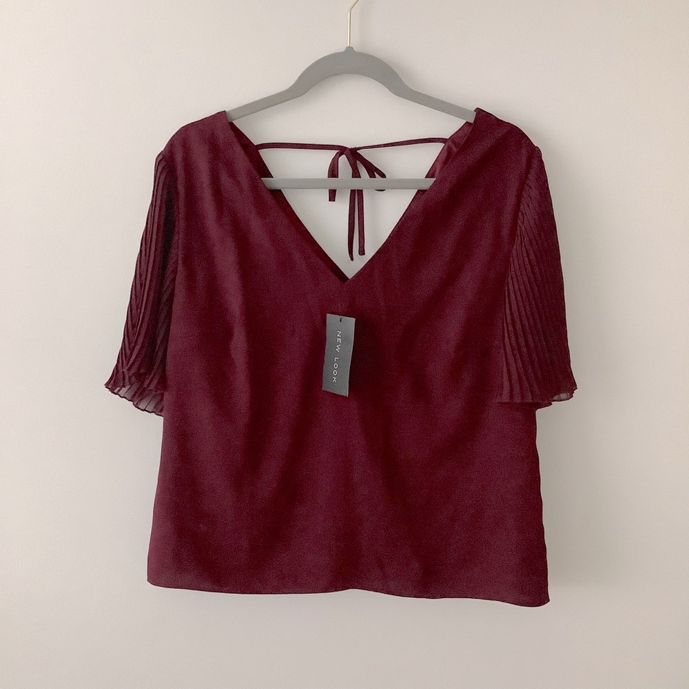 NWT New Look Red wine Tie Back Short Pleat Sleeve Blouse size 16